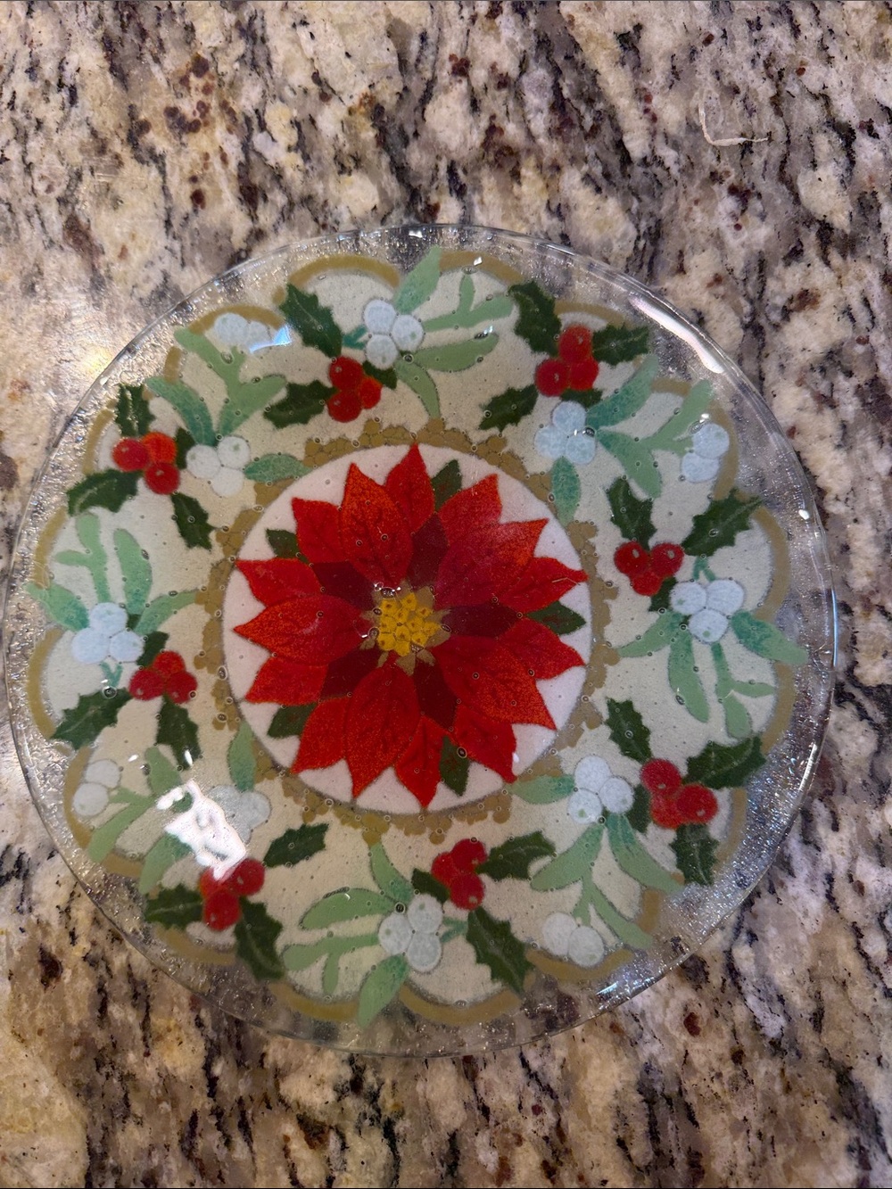 Vtg Peggy Karr Poinsettia Fused Glass Plate - Red/Green